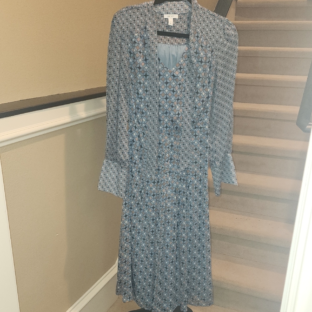 Nine West Blue Dress Tie Collar Geometric Shapes Sz Med
